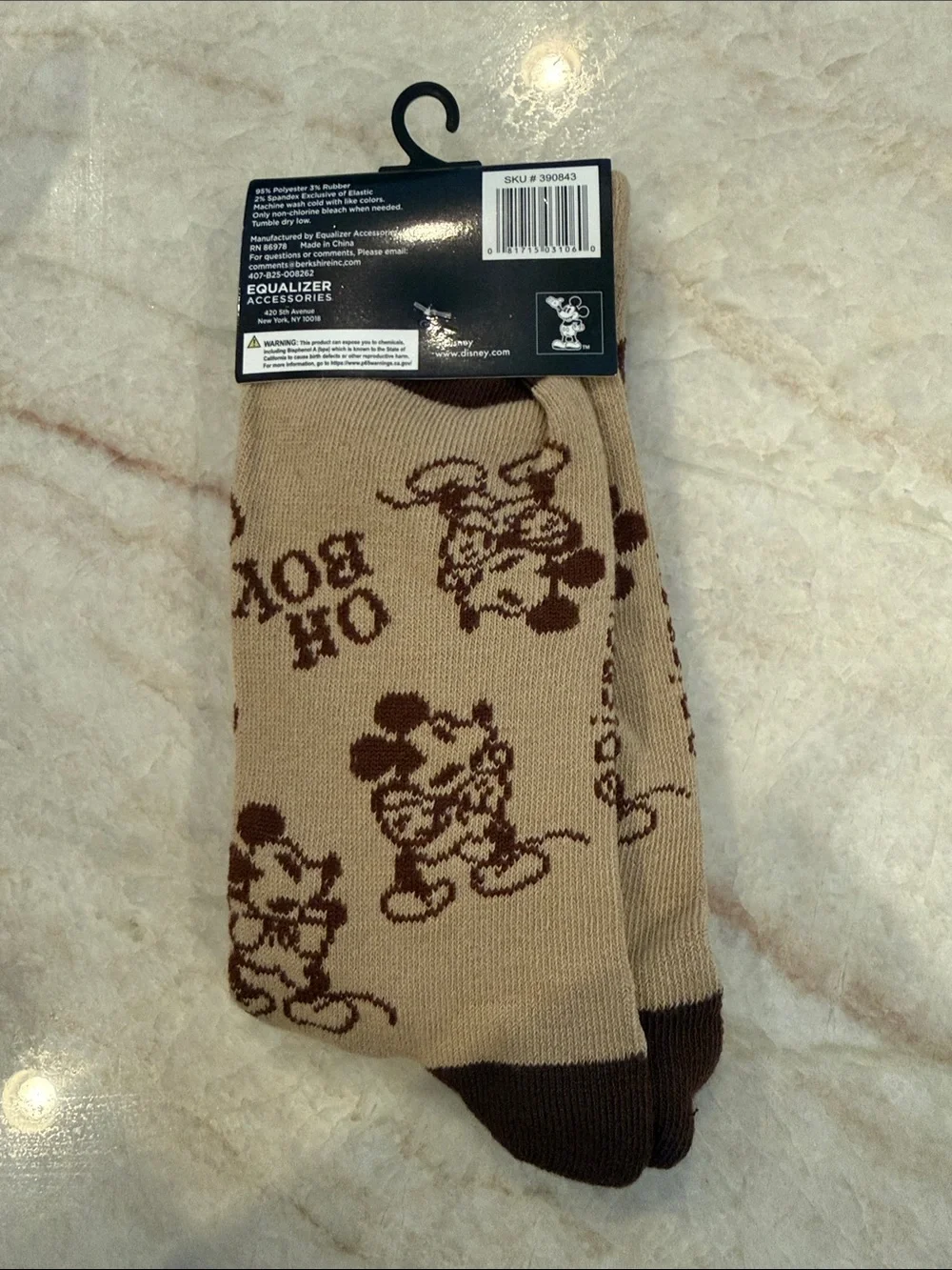 Disney Men’s Crew Socks in Tan and Brown with Mickey 'Oh boy' 9-13